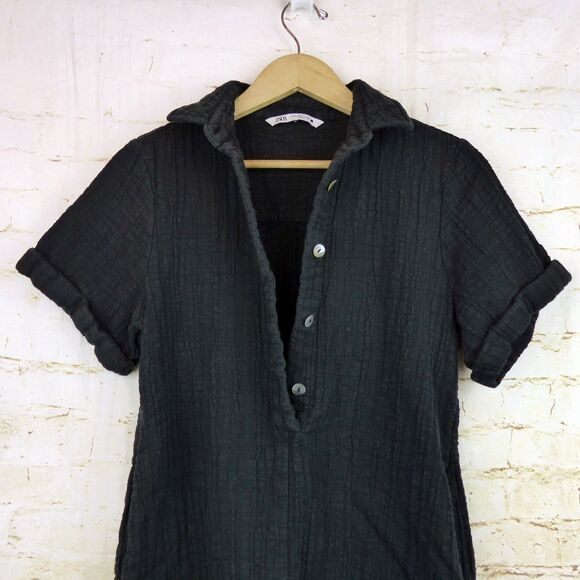 ZARA Romper Women XS Black Textured Crinkle Gauze Cotton Collared Button Up - Picture 10 of 12